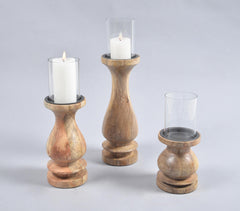 Natural Mango Wood & Glass Pillar Candle Holders (Set of 3)