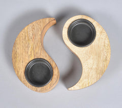 Yin-Yang natural mango wood Tea Light Holders (Set of 2)