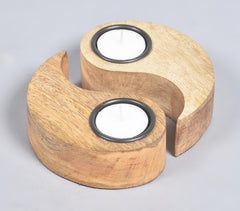 Yin-Yang natural mango wood Tea Light Holders (Set of 2)