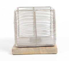 Iron Wired Tea Light Holder With Wooden Base