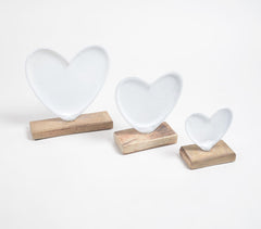 Enamelled Iron Hearts with Wooden Base (set of 3)
