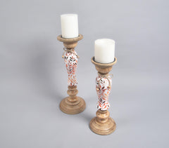 Botanical Meena Print Wooden Candle Holders (Set of 2)