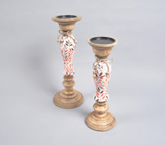 Botanical Meena Print Wooden Candle Holders (Set of 2)