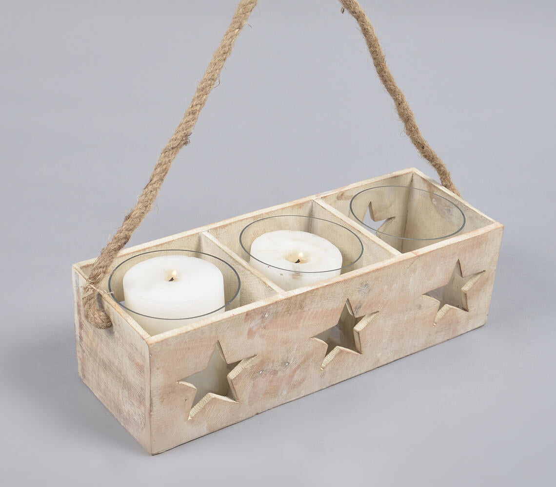 Farmhouse Distress White Wood & Jute Star Hanging Candle Holder