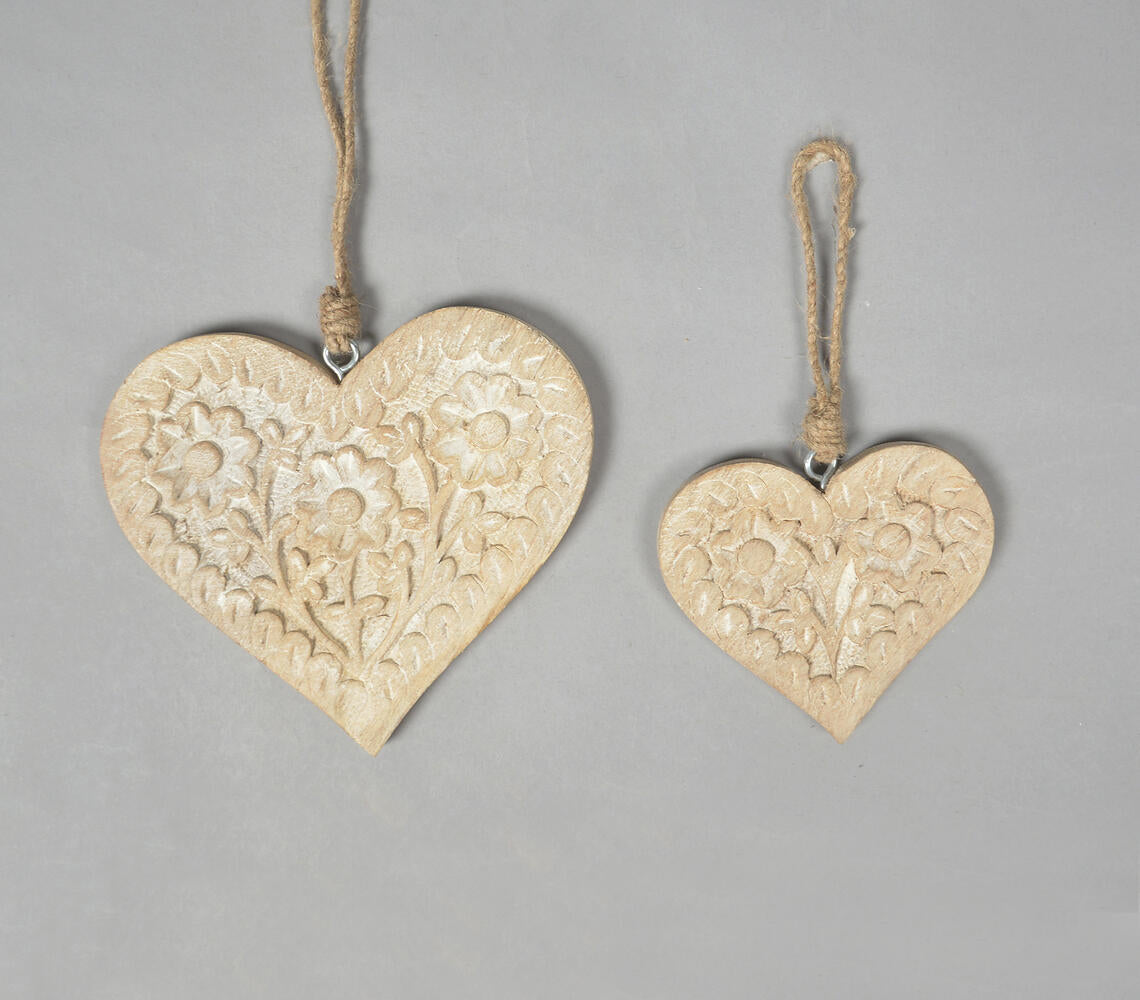 Floral Hand Carved Wooden Hanging Hearts (Set of 2)