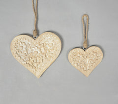 Floral Hand Carved Wooden Hanging Hearts (Set of 2)