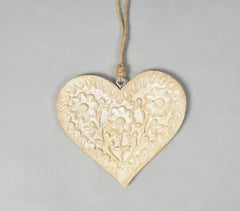 Floral Hand Carved Wooden Hanging Hearts (Set of 2)