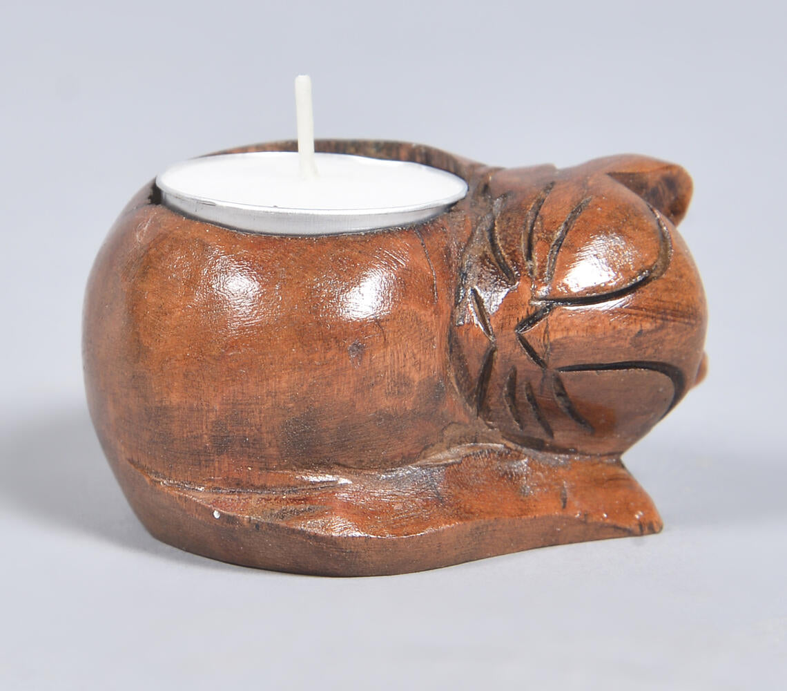 Hand carved Sleeping Cat Wooden Tealight Holder