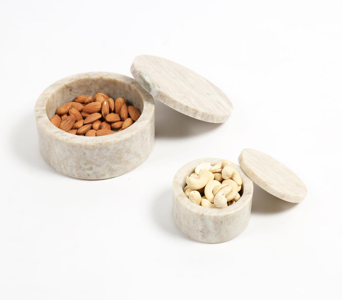 Classic Round Beige Marble Bowls with Lid (Set of 2)