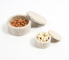 Classic Round Beige Marble Bowls with Lid (Set of 2)