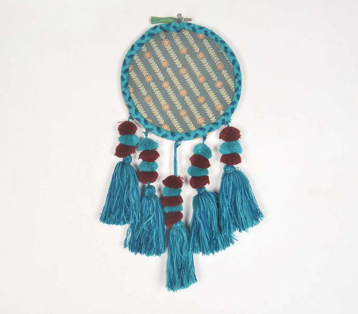 Embroidery hoop Teal tasseled wall hanging