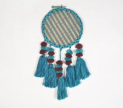 Embroidery hoop Teal tasseled wall hanging