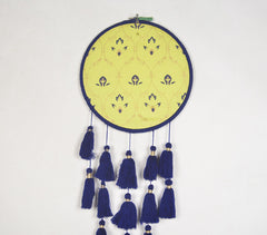 Lemon Embroidery hoop Navy tasseled wall hanging