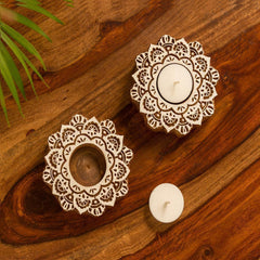 Wooden Lustrous Flower Tealight Holders (Set of 2)