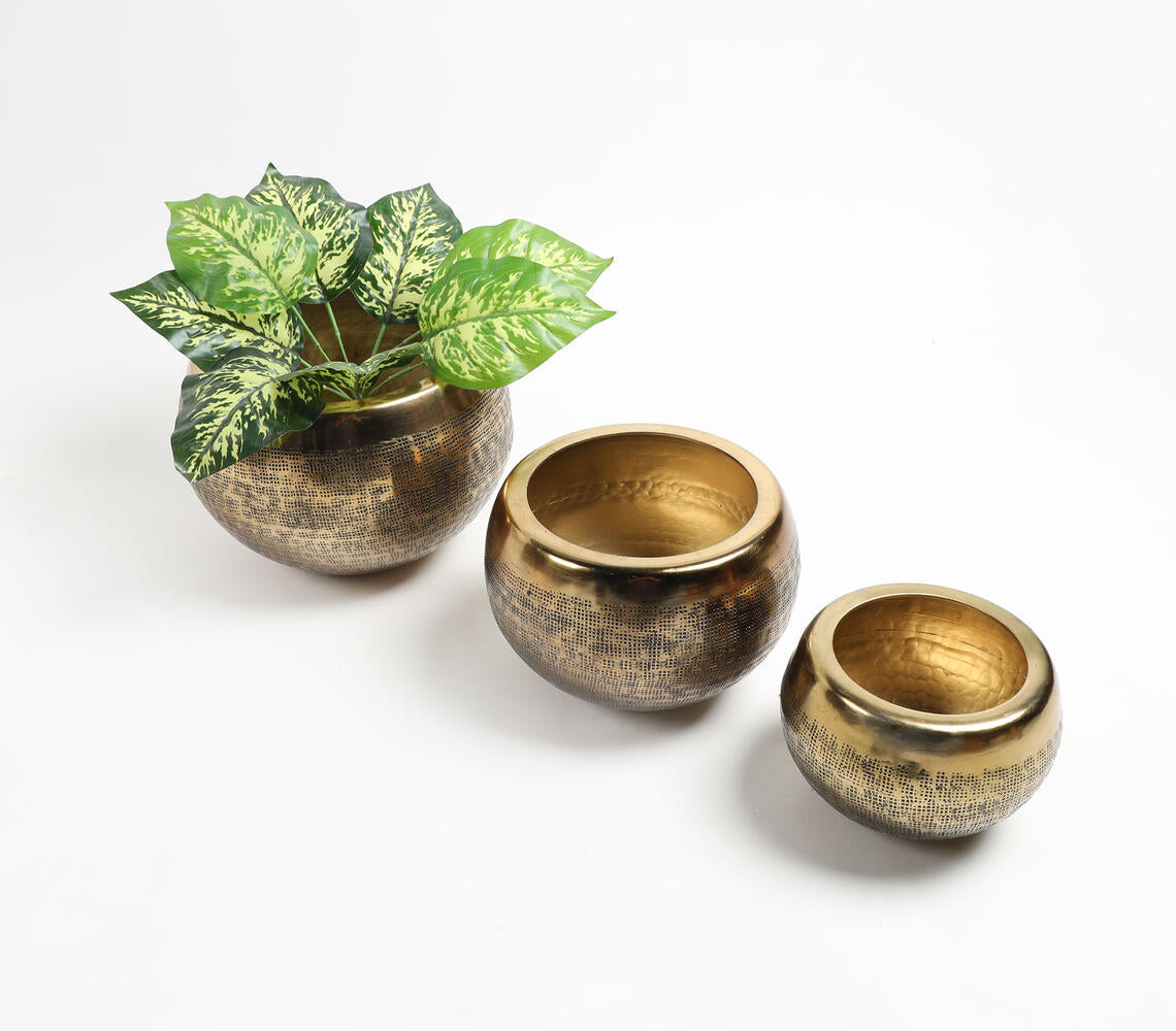 Hand Beaten Golden-Toned Antique Aluminium Planters (set of 3)
