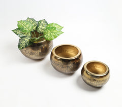 Hand Beaten Golden-Toned Antique Aluminium Planters (set of 3)