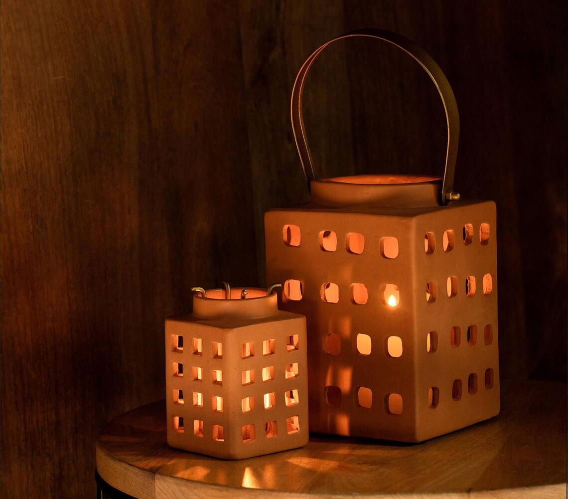Terracotta Square Rustic Lantern with Metal Handle (Large)