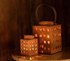 Terracotta Square Rustic Lantern with Metal Handle (Large)