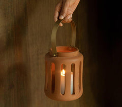 Terracotta Round Rustic Lantern with Metal Handle (Large)