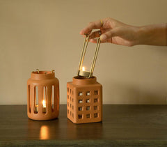 Terracotta Square Rustic Lantern with Metal Handle (Small)