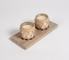 Vanilla Scented Jar Candles With Jute Coil & Wooden Base (Set of 2)