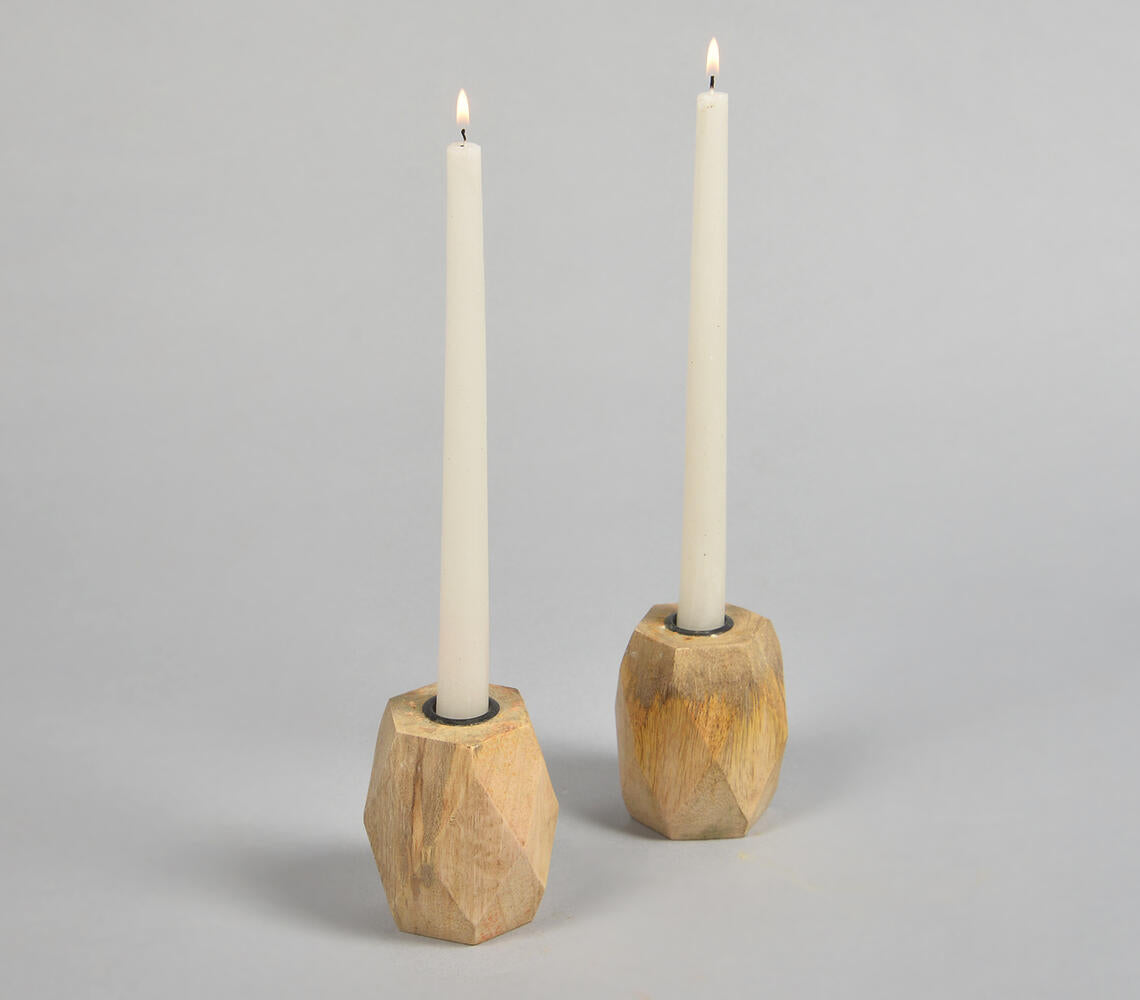 Geometric Hand Carved Mango Wood Candle Holders (Set of 2)