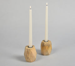 Geometric Hand Carved Mango Wood Candle Holders (Set of 2)