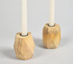 Geometric Hand Carved Mango Wood Candle Holders (Set of 2)