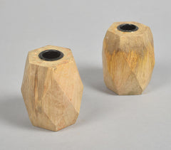 Geometric Hand Carved Mango Wood Candle Holders (Set of 2)