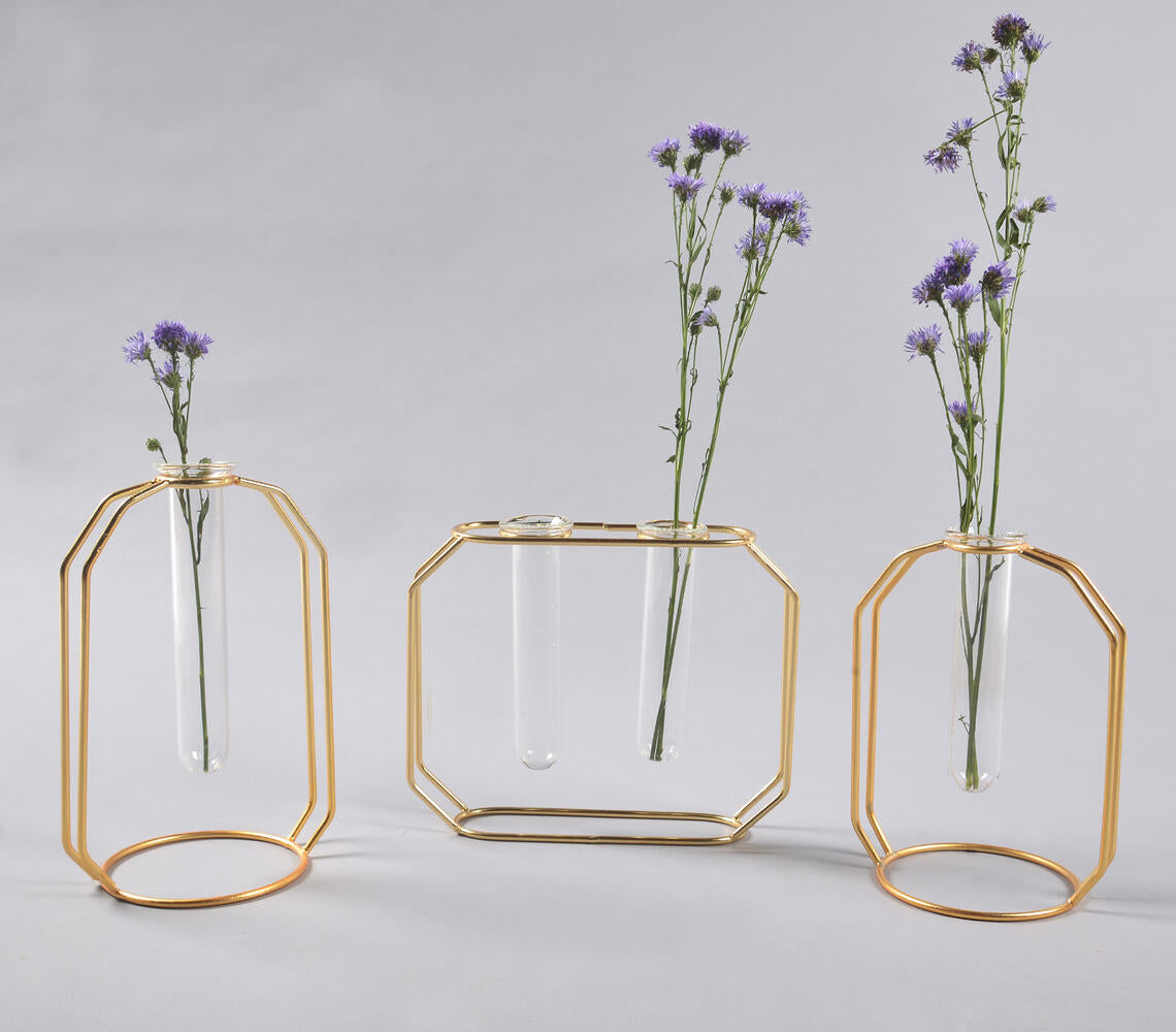 Geometric Glass & Metal Test tube Planter Vases (Set of 3)
