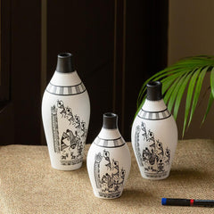 Terracotta White Warli Tales Vases (Set of 3)