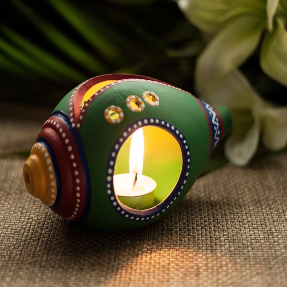 Hand Painted Terracotta Green Tealight Holder