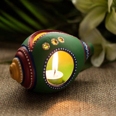 Hand Painted Terracotta Green Tealight Holder