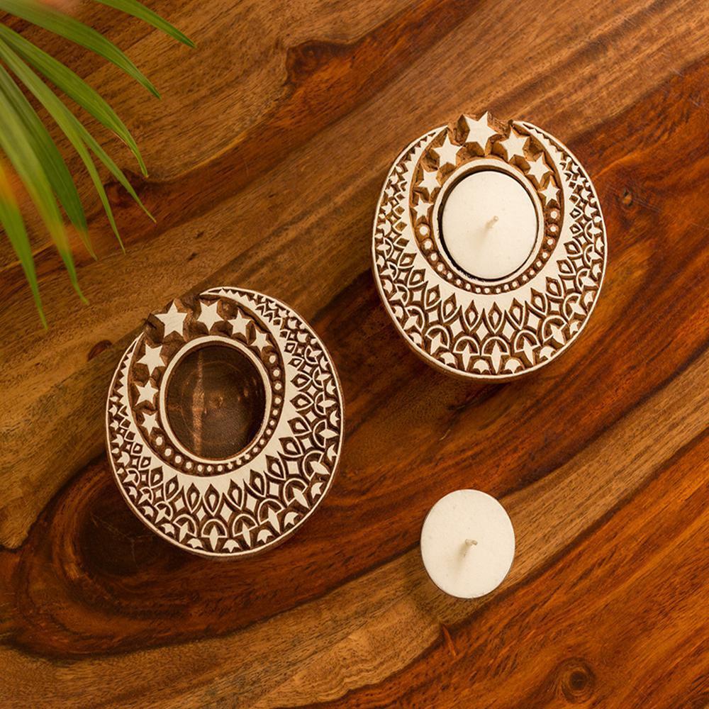 Wooden Shimmering Moon Tealight Holders (Set of 2)