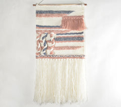 Handwoven Dusty Pink & Cadet Blue Fringed Wall Hanging