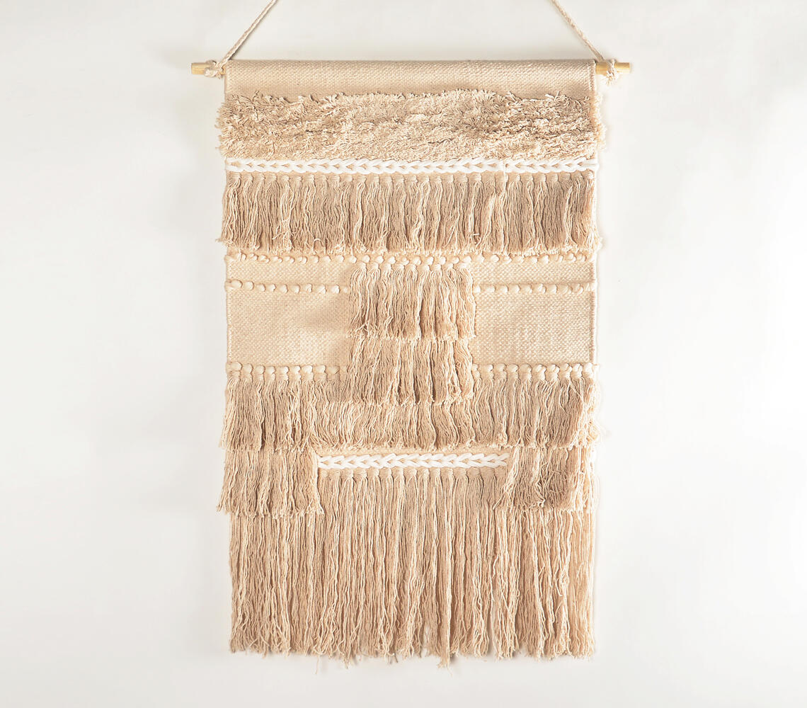 Handwoven Cotton Beige Fringed Wall Hanging