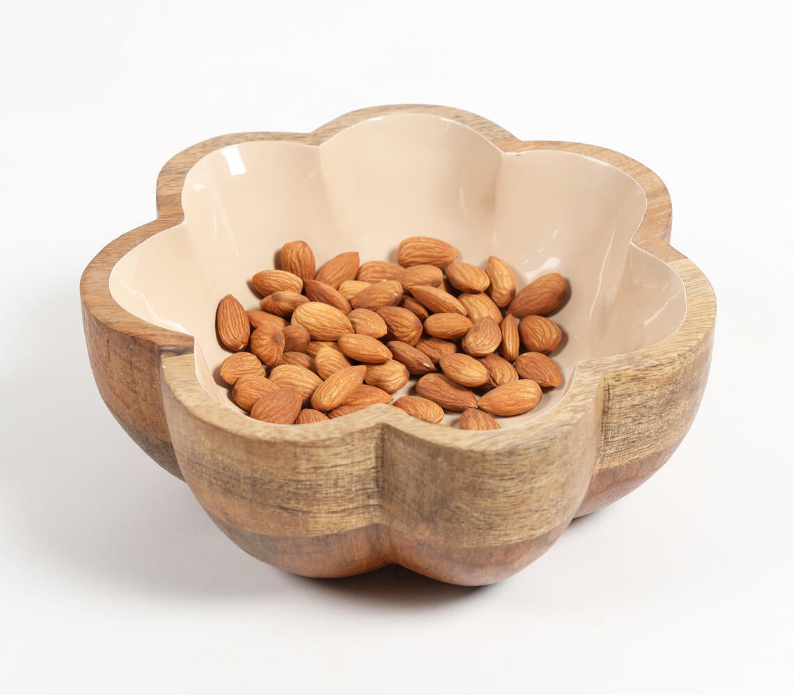 Solid-Enamelled Beige Flower-Shaped Wooden Bowl