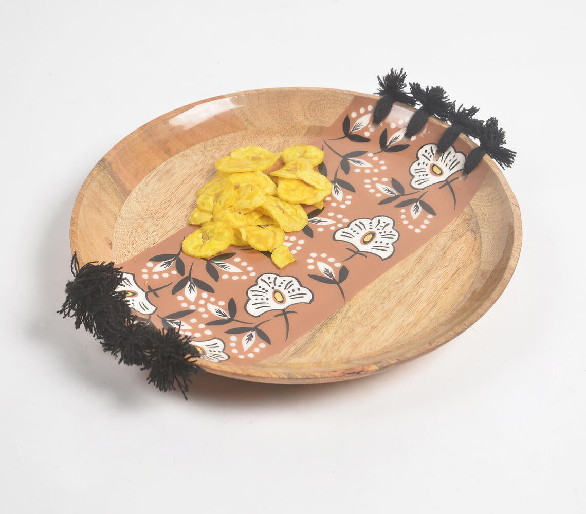 Enameled Floral Strip Tasseled Mango Wood Plate
