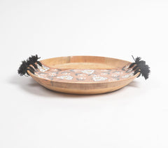 Enameled Floral Strip Tasseled Mango Wood Plate