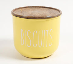 Matte-Yellow Typographic Metal Canister with Wooden Lid