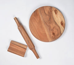 Wood Turned Acacia Wood Rolling Pin & Board With Stand