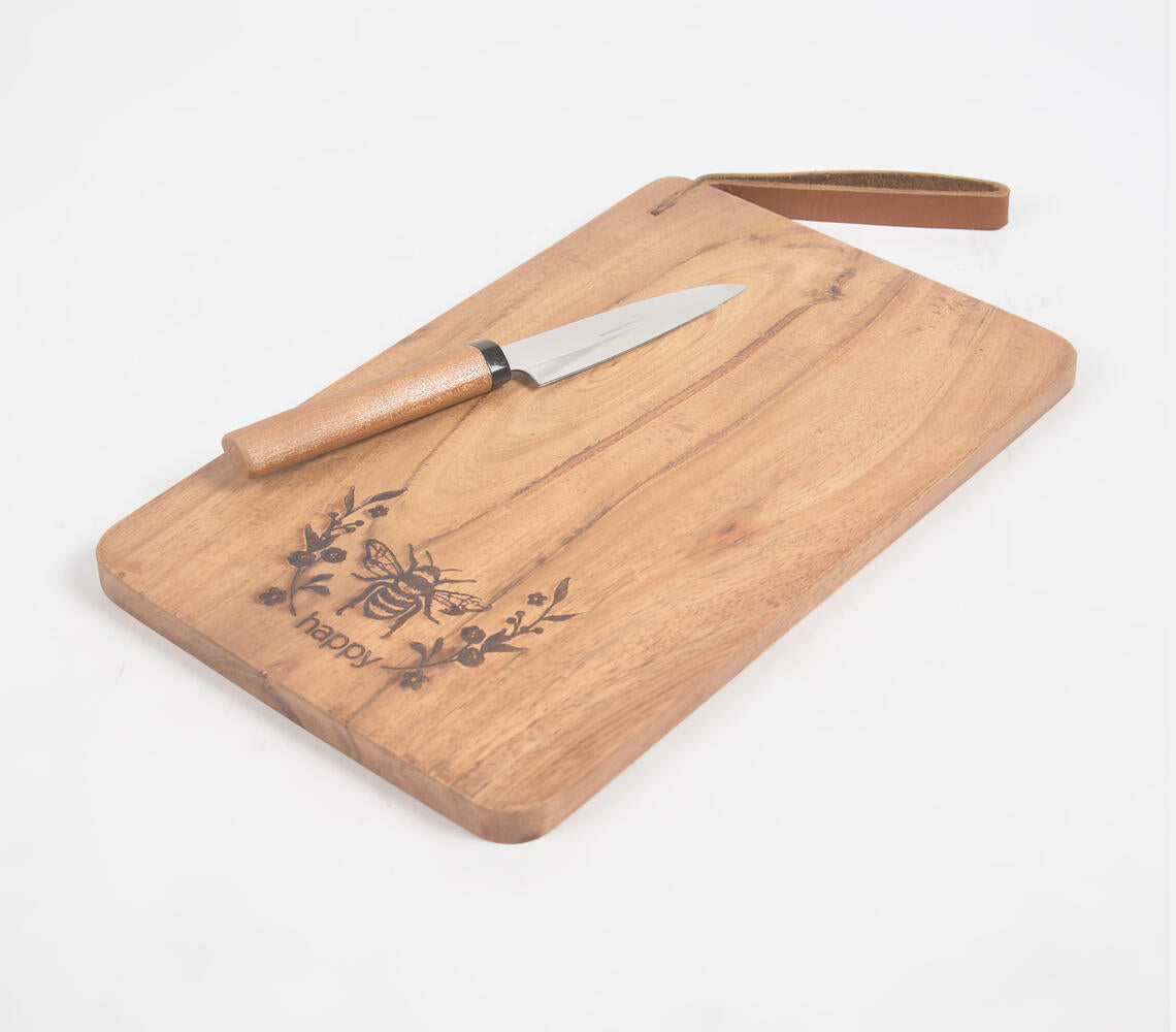 Hand Etched 'Bee Happy' Cutting Board with Leather Strap