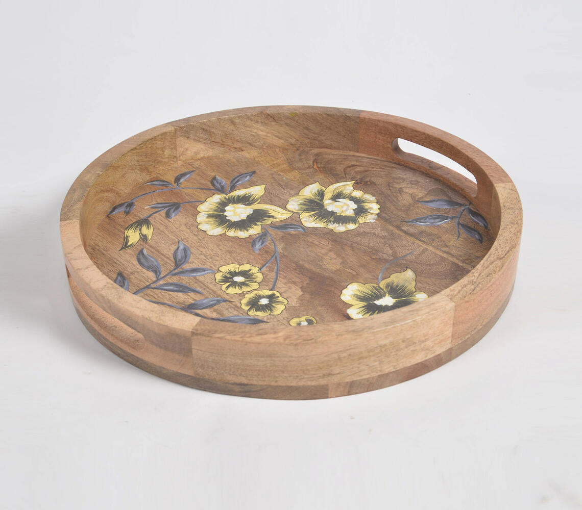 Floral Hand Printed Round Mango Wood Tray