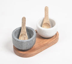 Turned Stone Twin Condiment Bowls with Wooden Tray