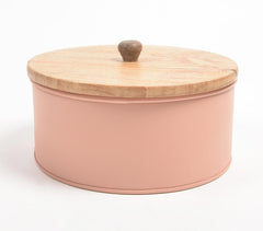 Galvanized Iron Round Bread Box with Wooden Lid