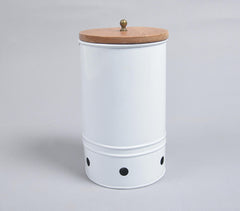 White Galvanized Iron Ribbed Cylindrical Box with Wooden Lid