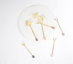Hand Cut Moonstone & Brass Appetizer Forks (Set of 6)