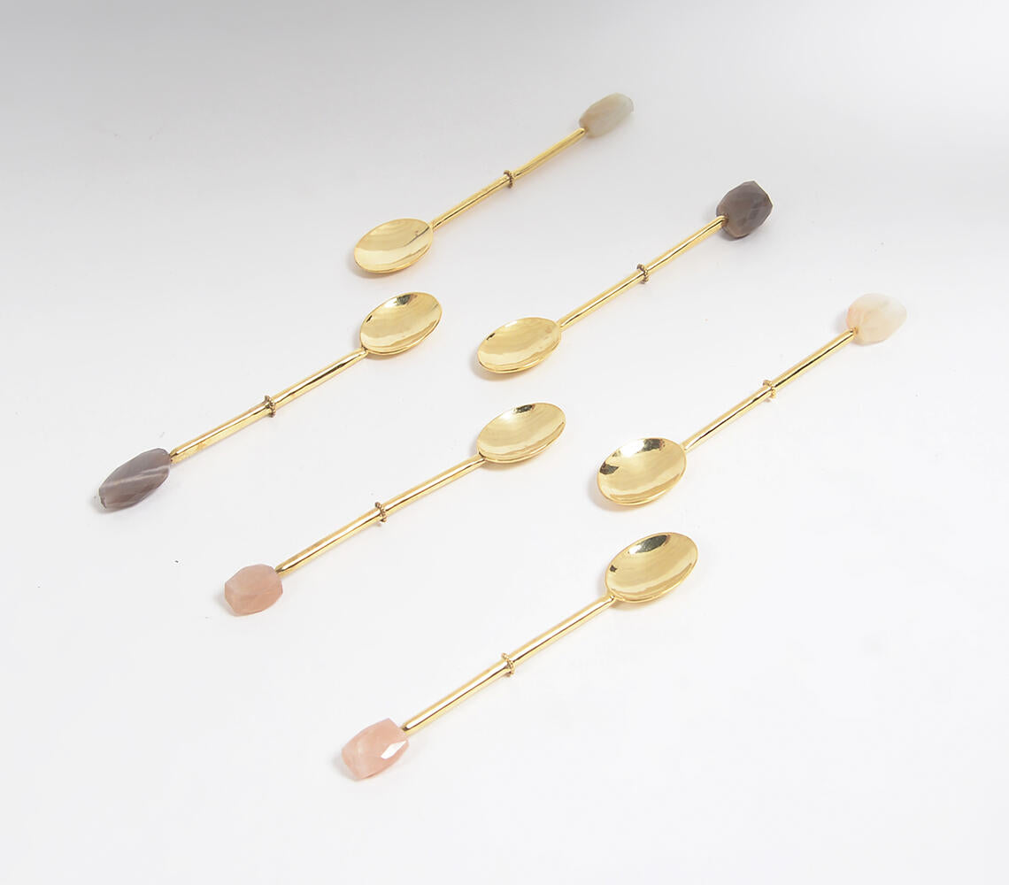 Hand Cut Moonstone & Brass Appetizer Spoons (Set of 6)