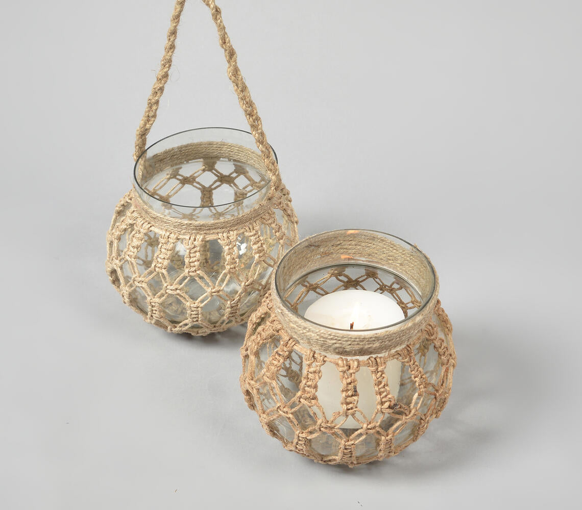 Hand Knotted Jute & Glass Jar Candle Holders (Set of 2)