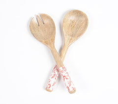 Enamelled Mango Wood Botanical Salad Servers Combo